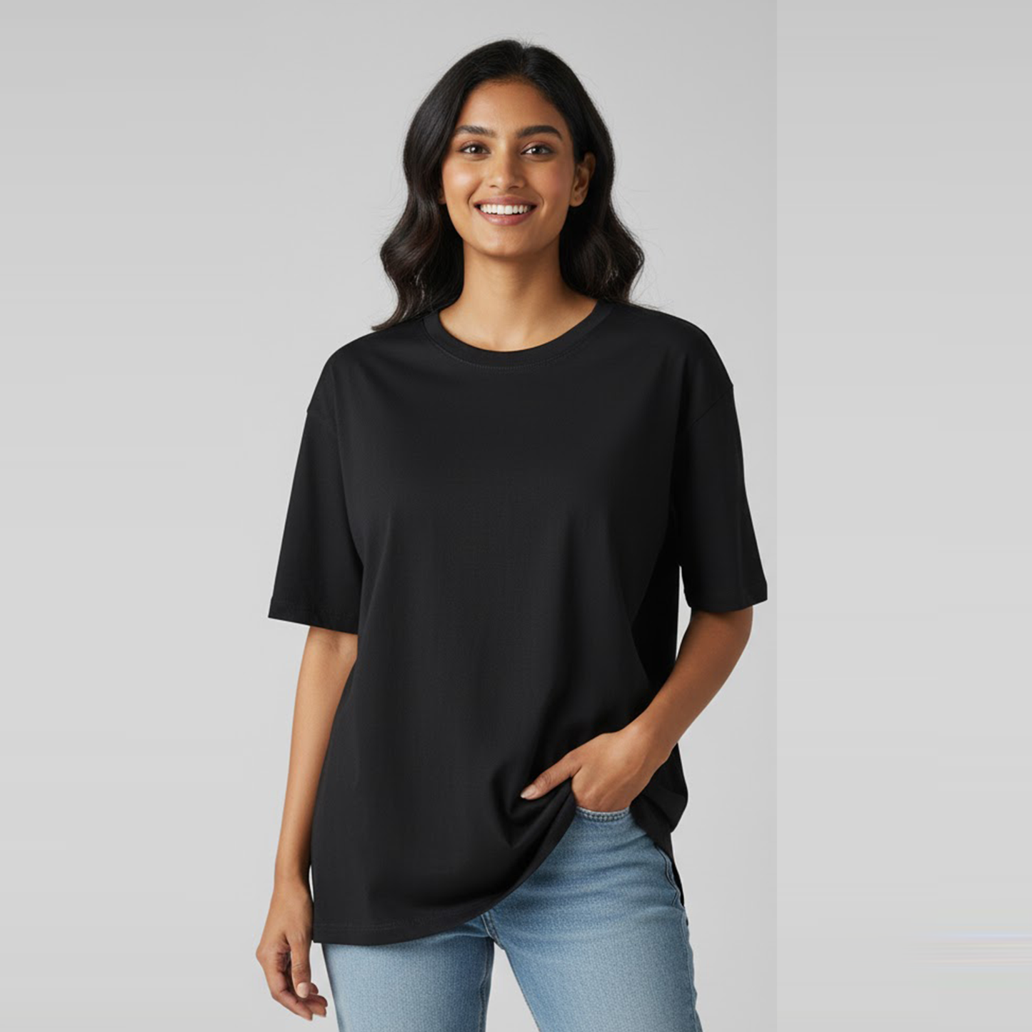 Unisex Soft Pure Cotton Black Round Neck Oversized T-shirt