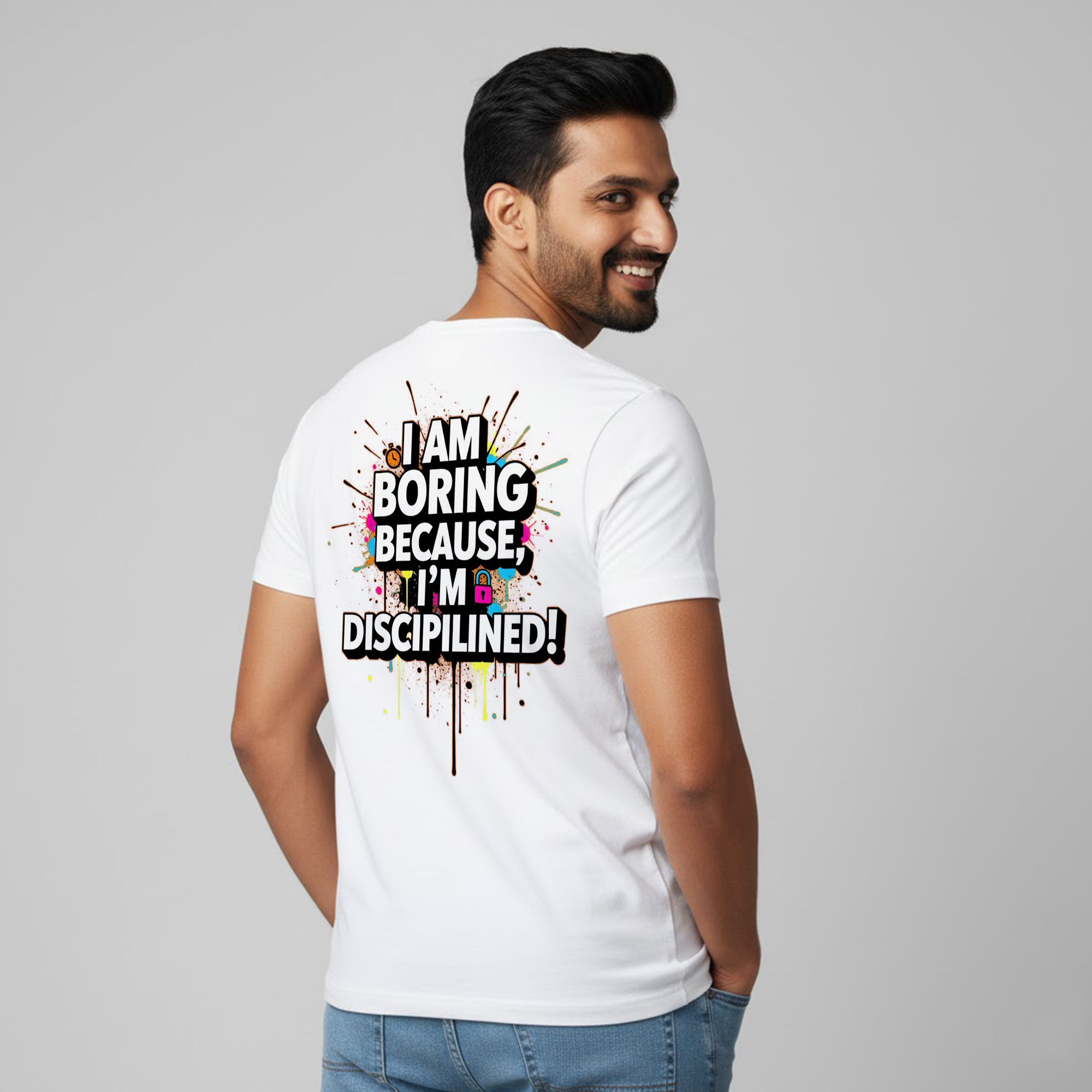 Men's Soft Pure Cotton Printed Round Neck Half Sleeve White T-shirt