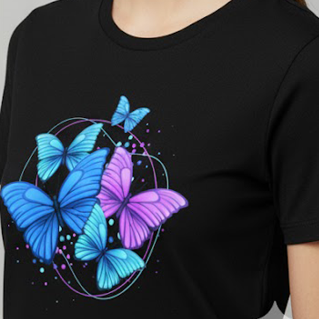 Unisex Soft Pure Cotton Black Round Neck Half Sleeve Butterfly T-shirt