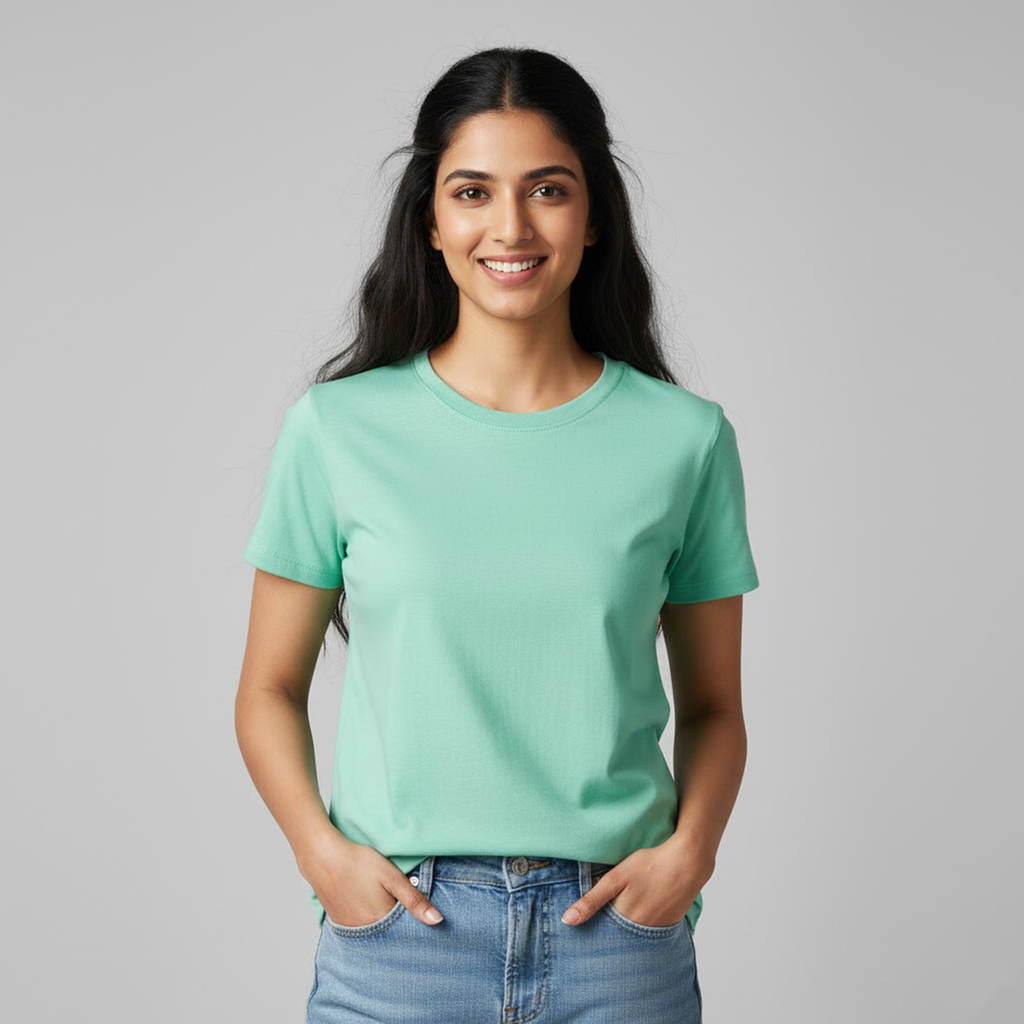 Women'S Soft Pure Cotton Round Neck Half Sleeve Mint T-shirt
