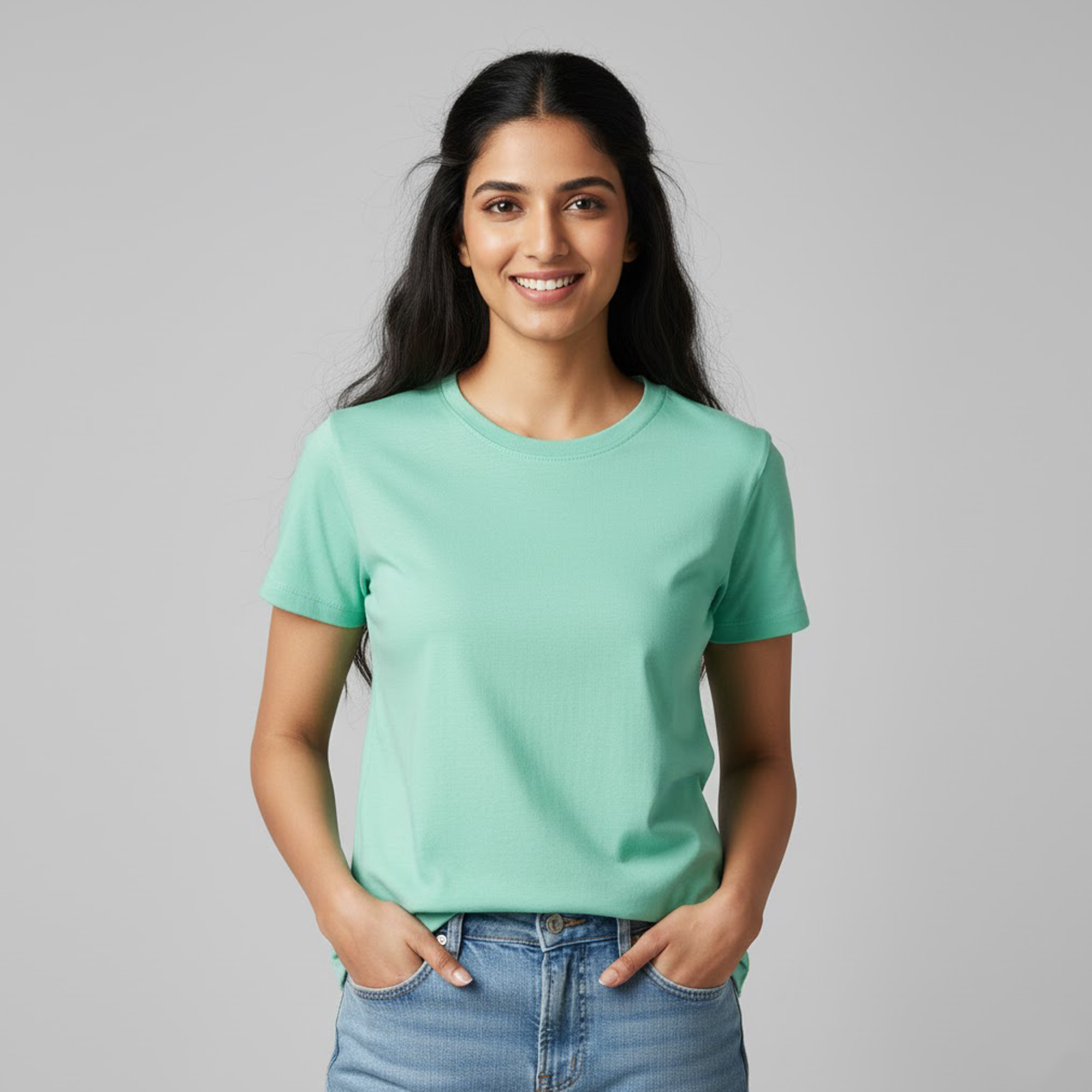 Women'S Soft Pure Cotton Round Neck Half Sleeve Mint T-shirt