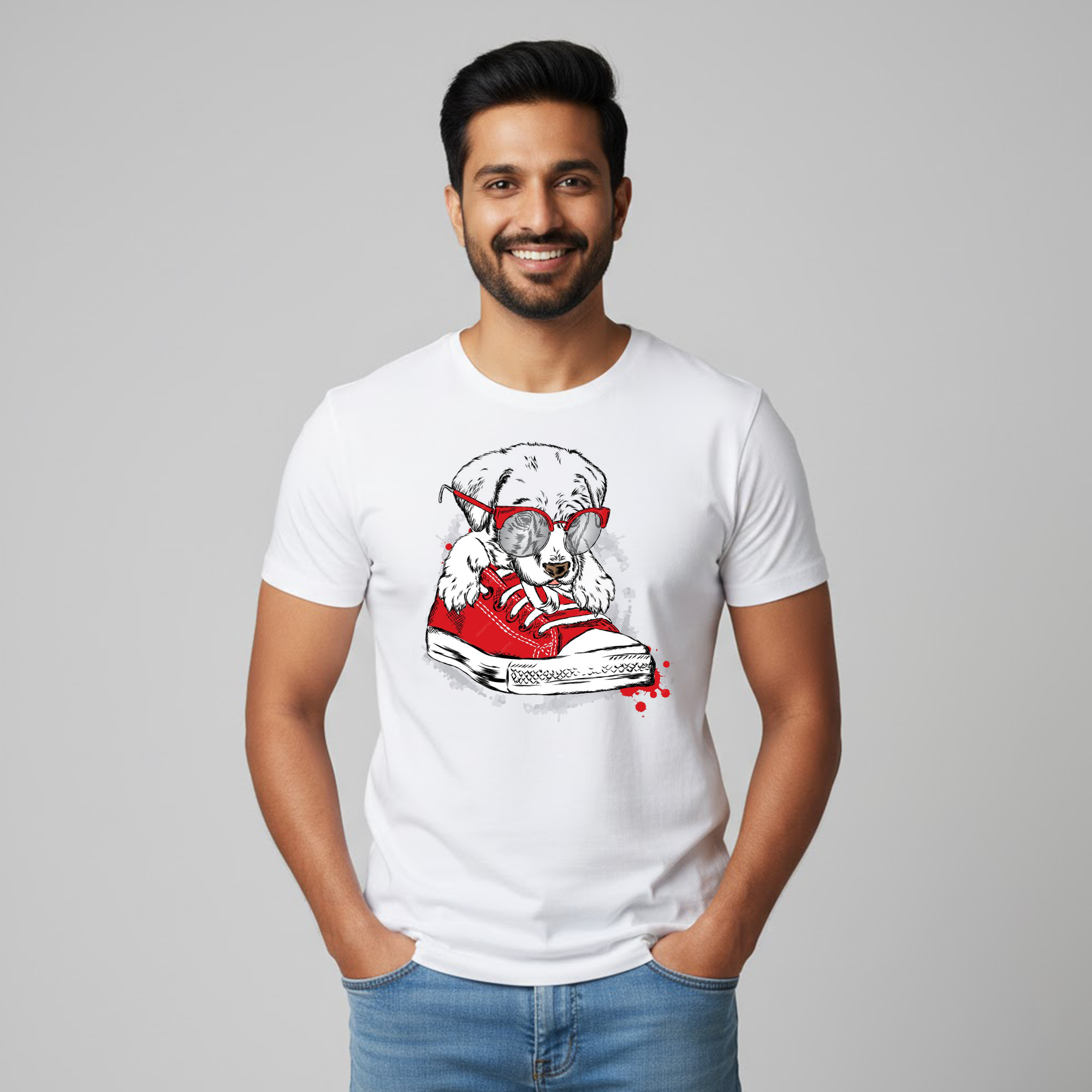 Men's Soft Pure Cotton Round Neck Dog Printed T-shirt