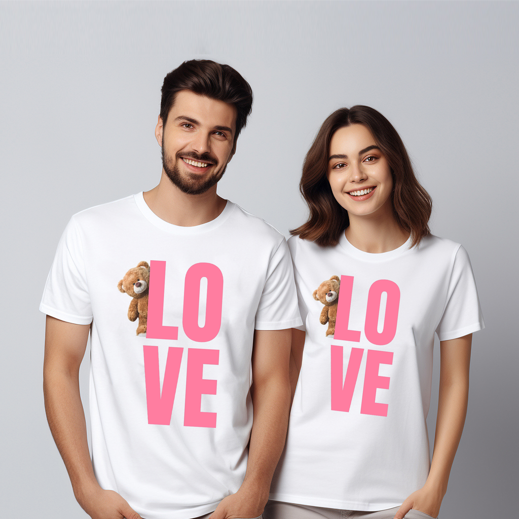 Couples Teddy Love Printed Pure Cotton White T-shirts