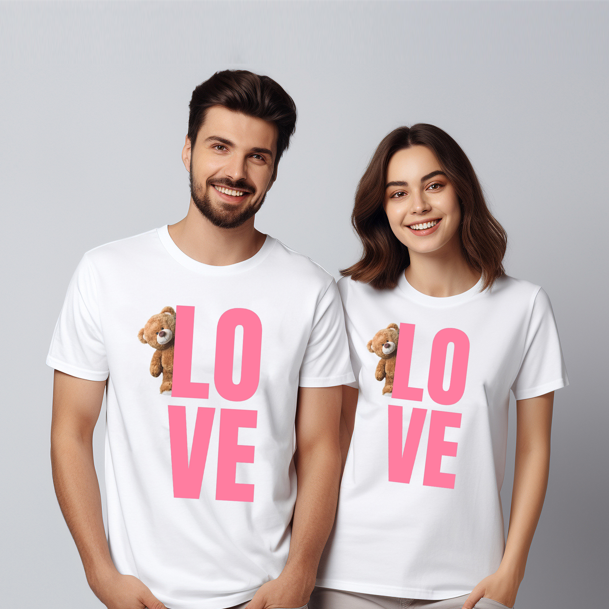 Couples Teddy Love Printed Pure Cotton White T-shirts