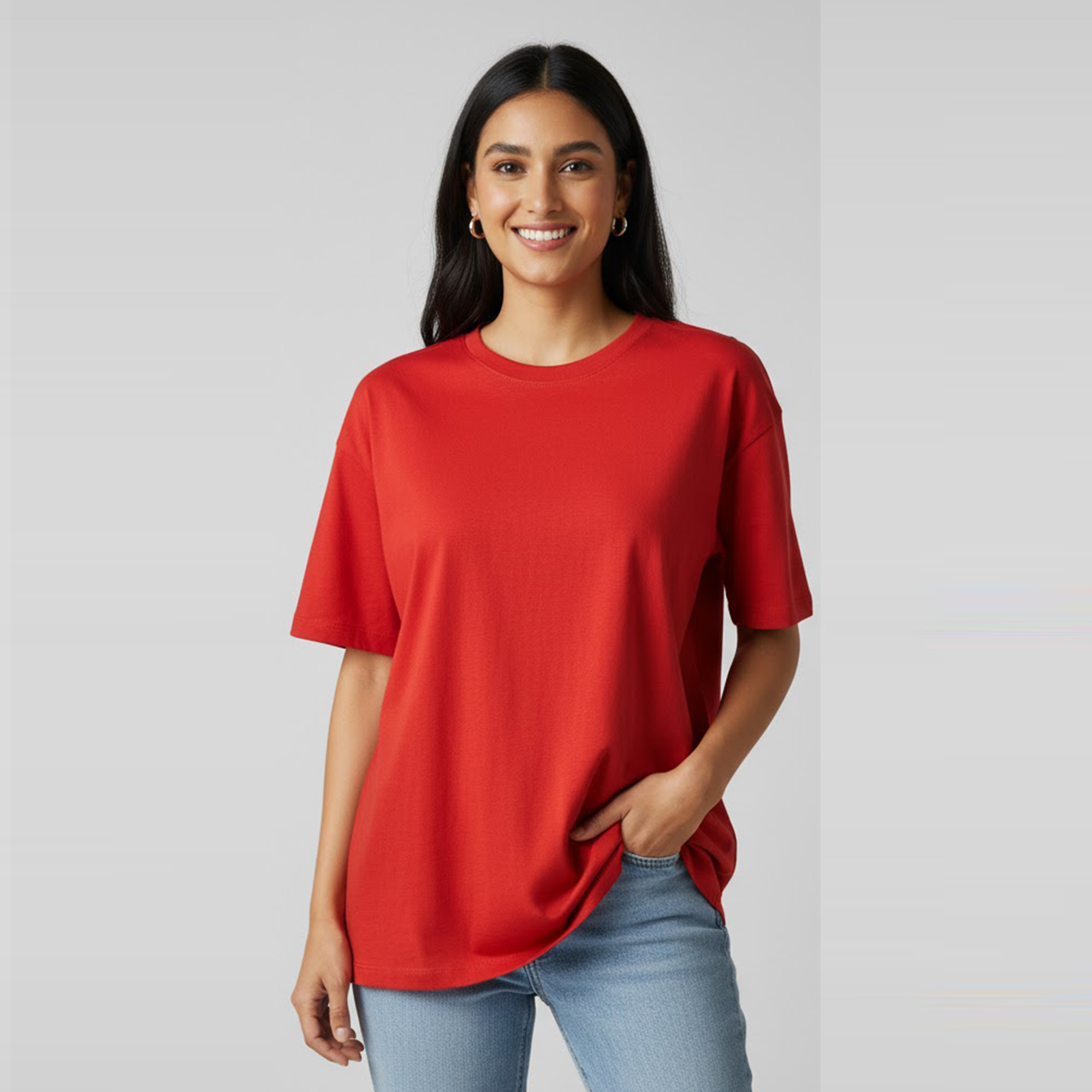 Women's 100% Cotton Oversized  Red Plain T-Shirt