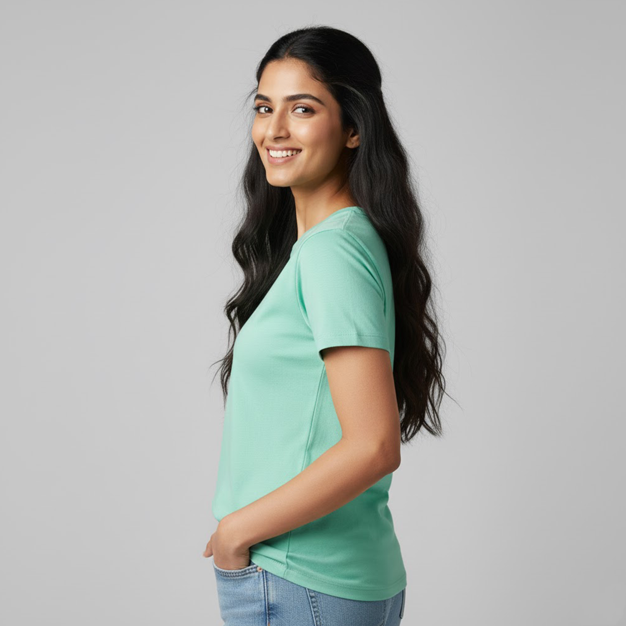 Women'S Soft Pure Cotton Round Neck Half Sleeve Mint T-shirt