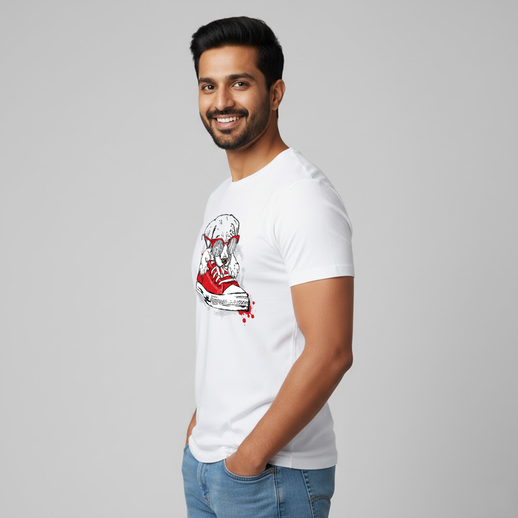 Men's Soft Pure Cotton Round Neck Dog Printed T-shirt