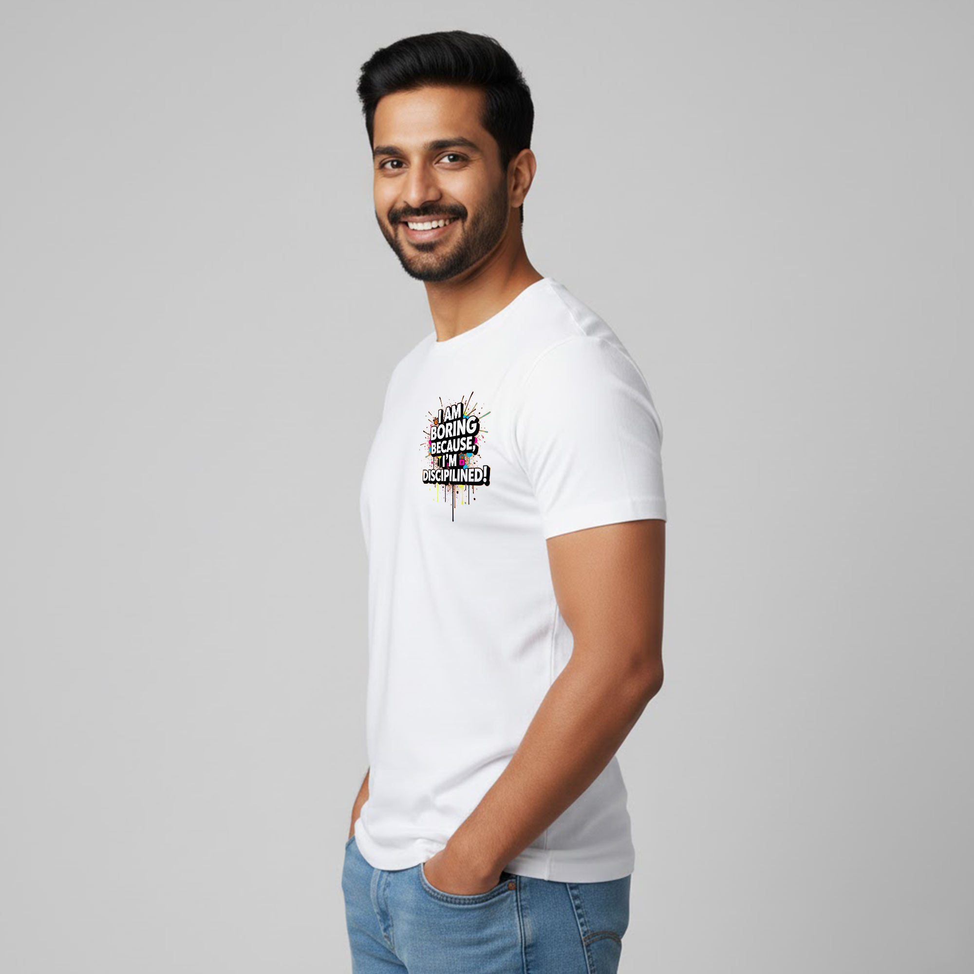 Men's Soft Pure Cotton Printed Round Neck Half Sleeve White T-shirt