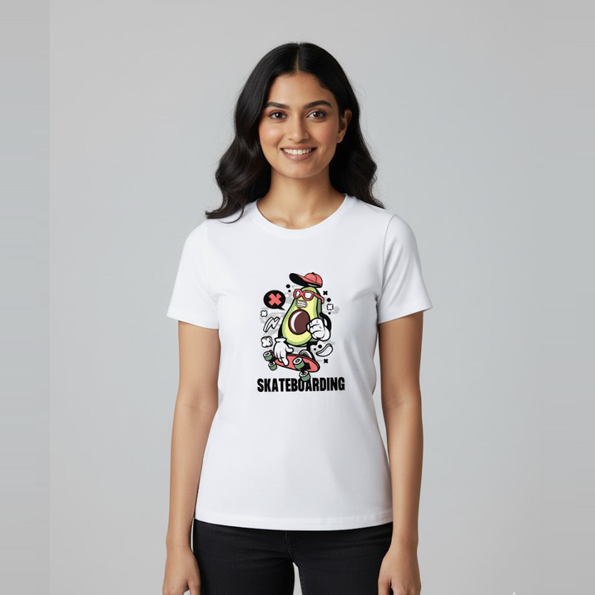 Women Soft 100% Cotton White Round Neck Half Sleeve Printed T-shirt