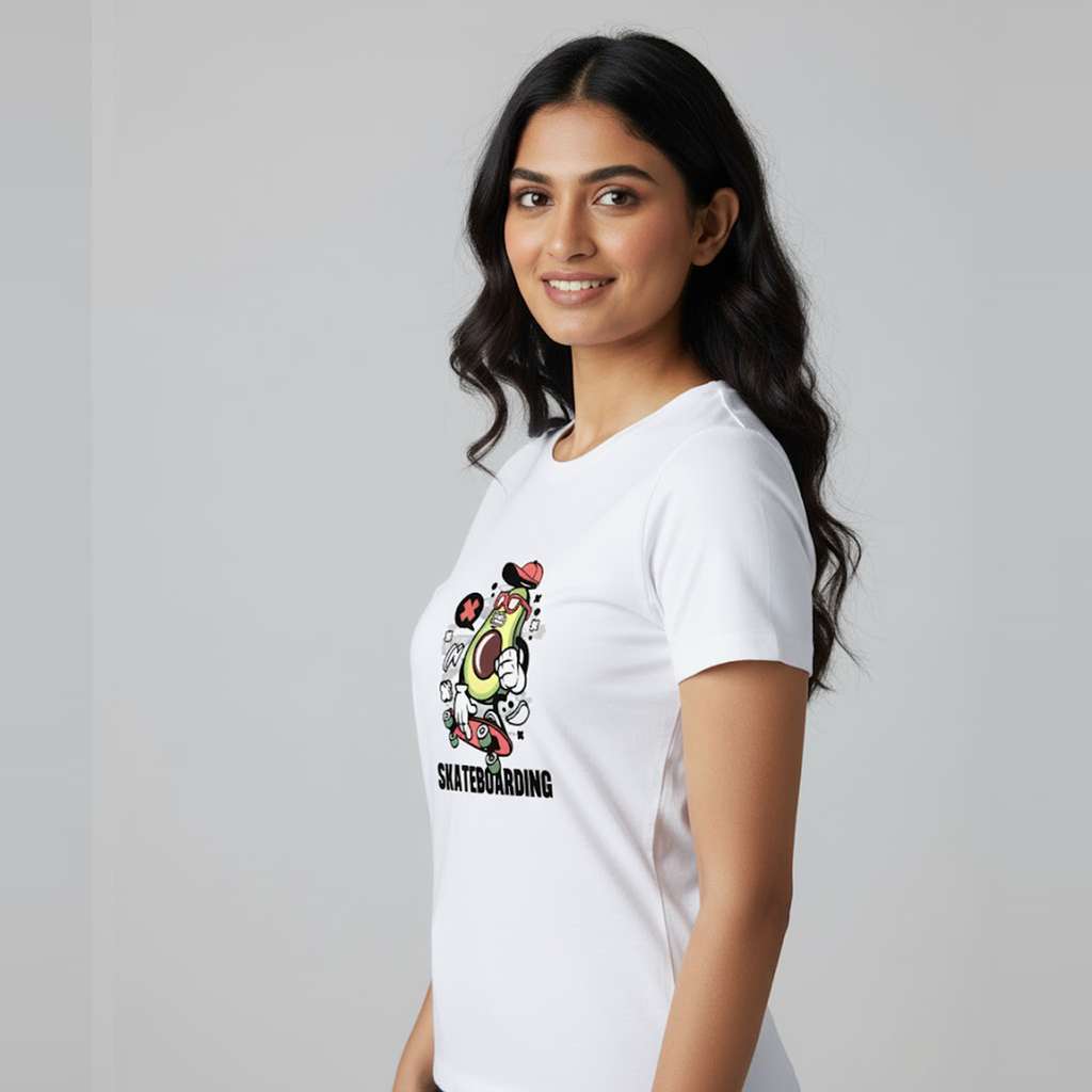 Women Soft 100% Cotton White Round Neck Half Sleeve Printed T-shirt