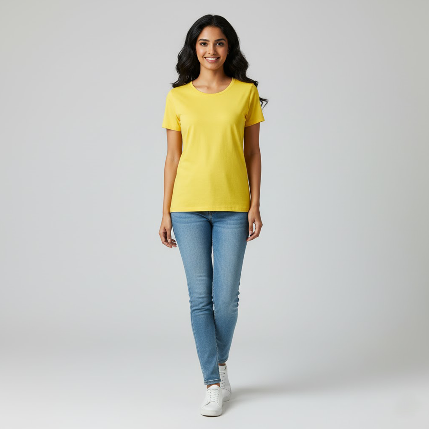 Women Soft Pure Cotton Round Yellow Neck Half Sleeve T-shirt