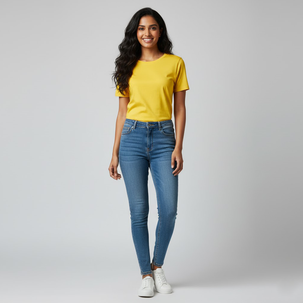 Women Soft Pure Cotton Round Yellow Neck Half Sleeve T-shirt